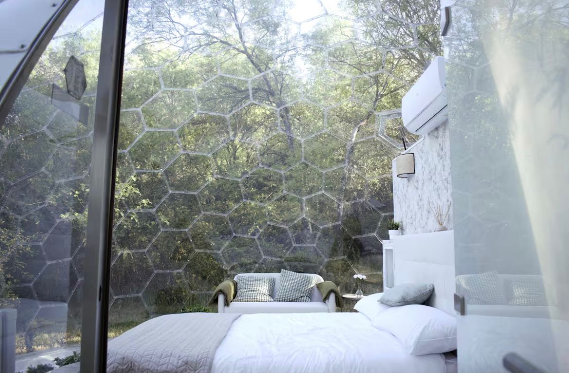 Dome interior - bedroom with forest view